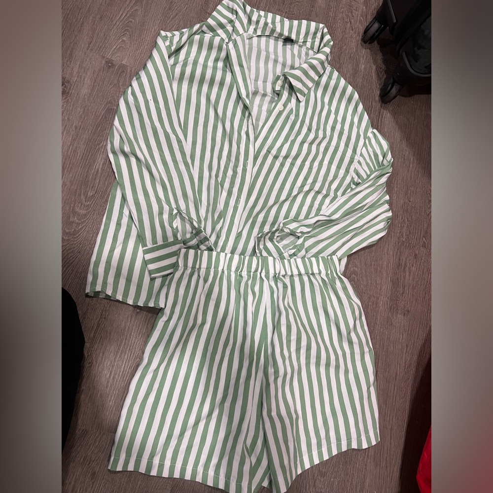 Green and White Striped Long sleeve and short set